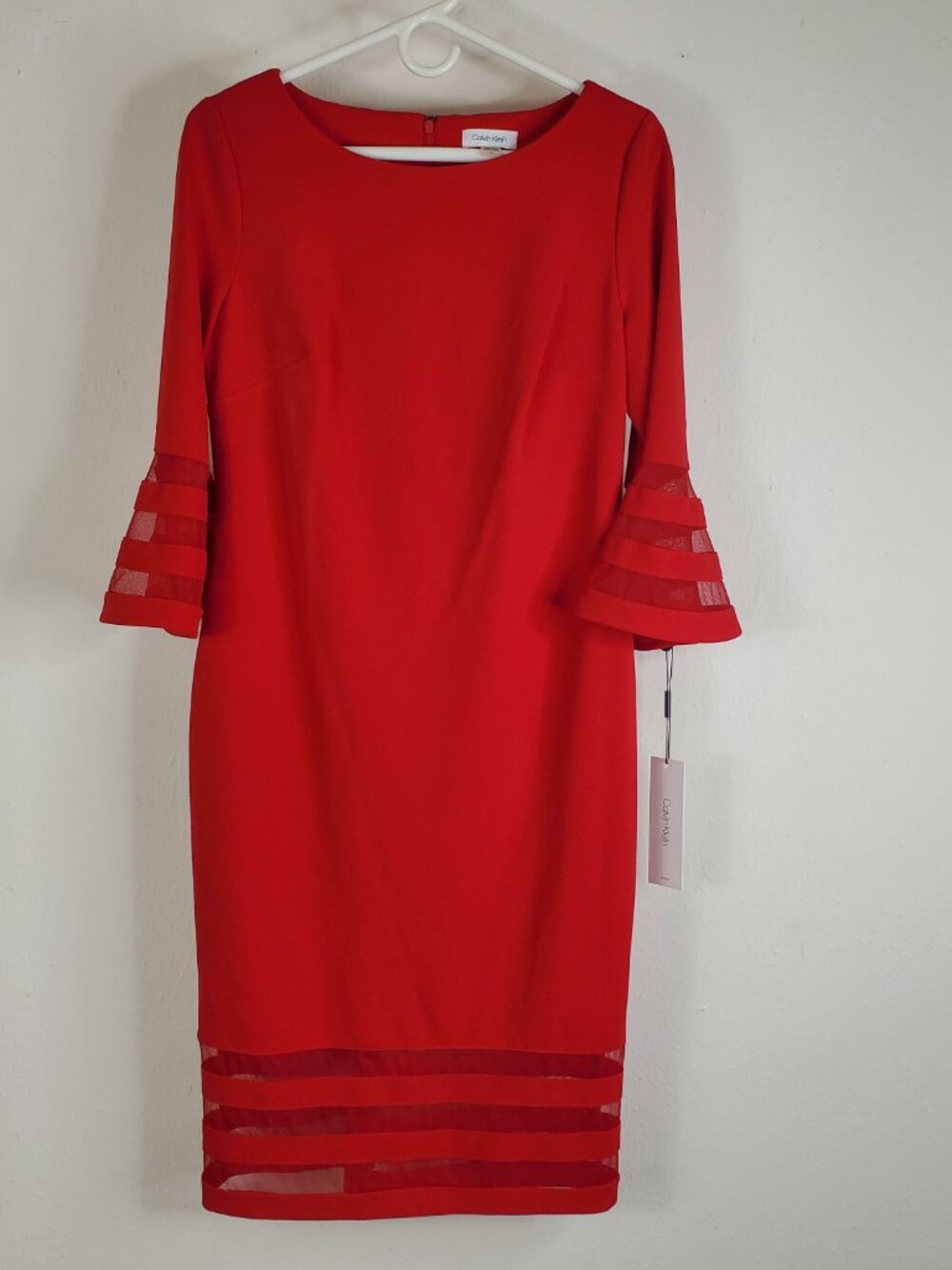 Calvin Klein Scuba Crepe illusion band Bell sleeve Sheath Dress 10 Mesh Insert